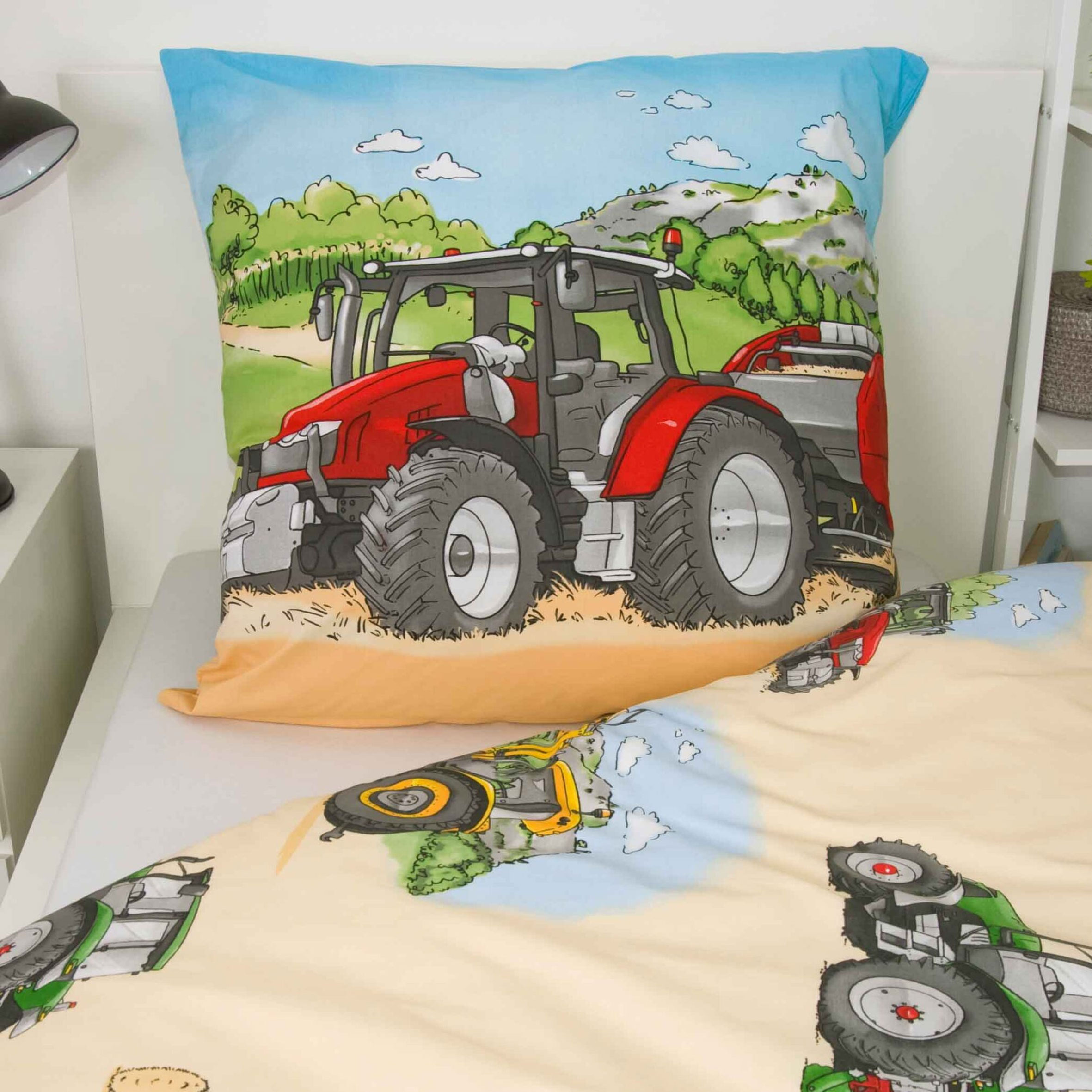 Traktor Bettwäsche-Set Für Jungen – 1x Bettbezug 135x200 Cm + 2x Kissenbezug 80x80 Cm, Aus Polyester-Mikrofaser