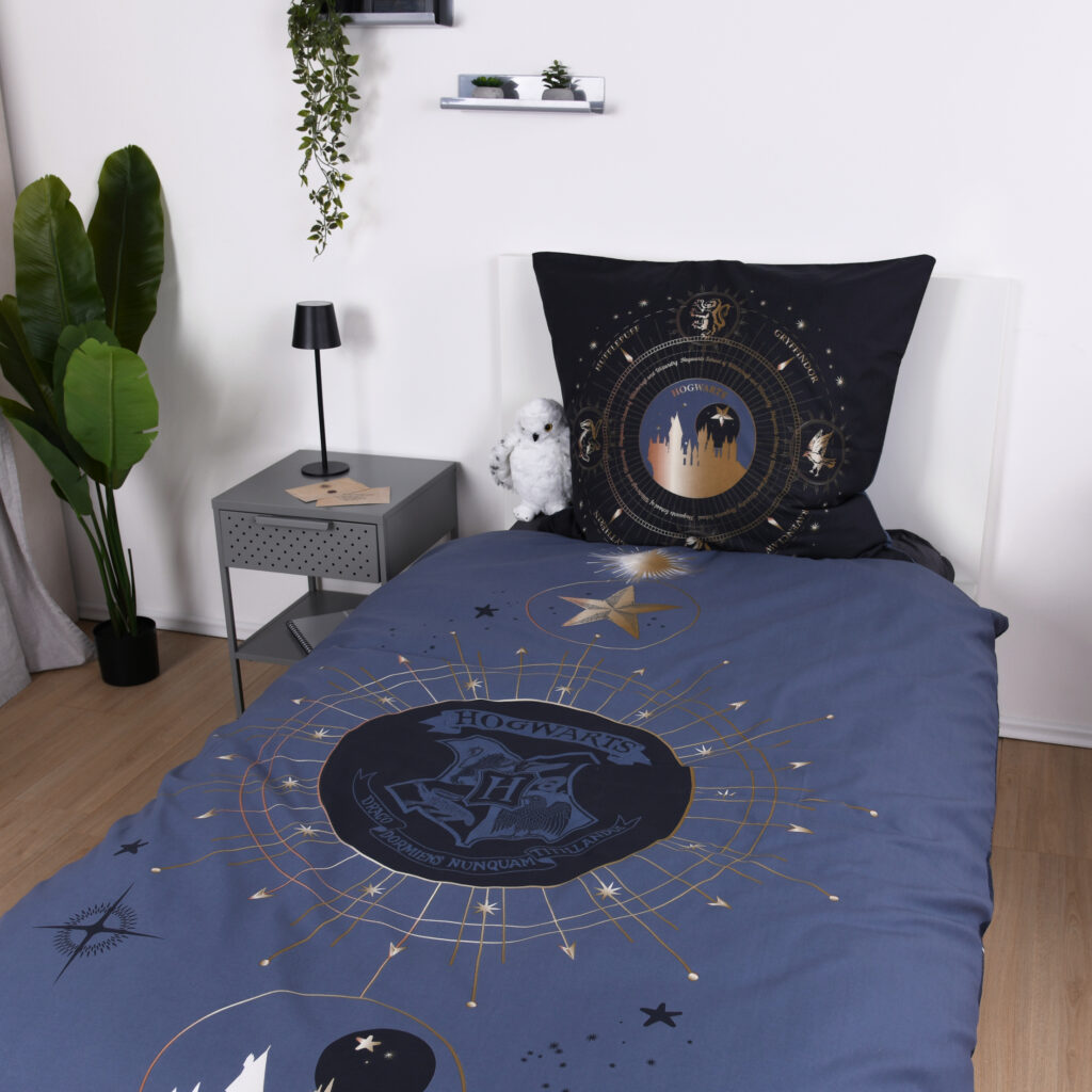 Harry Potter Bettwäsche Sternenbild Blau – 135x200 + 80x80 Cm, 100% Baumwolle Flanell, Mit Reißverschluss