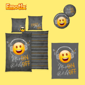 Emot!x Komfort-Bundle ‘Music on – Real life off’ – Bettwäsche, Fleecedecke & Rundkissen