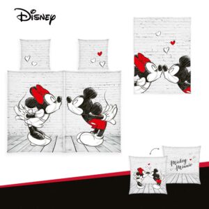 Mickey & Minnie Love-Bundle ‘Kiss’ – Partnerbettwäsche, Wohndecke & Dekokissen