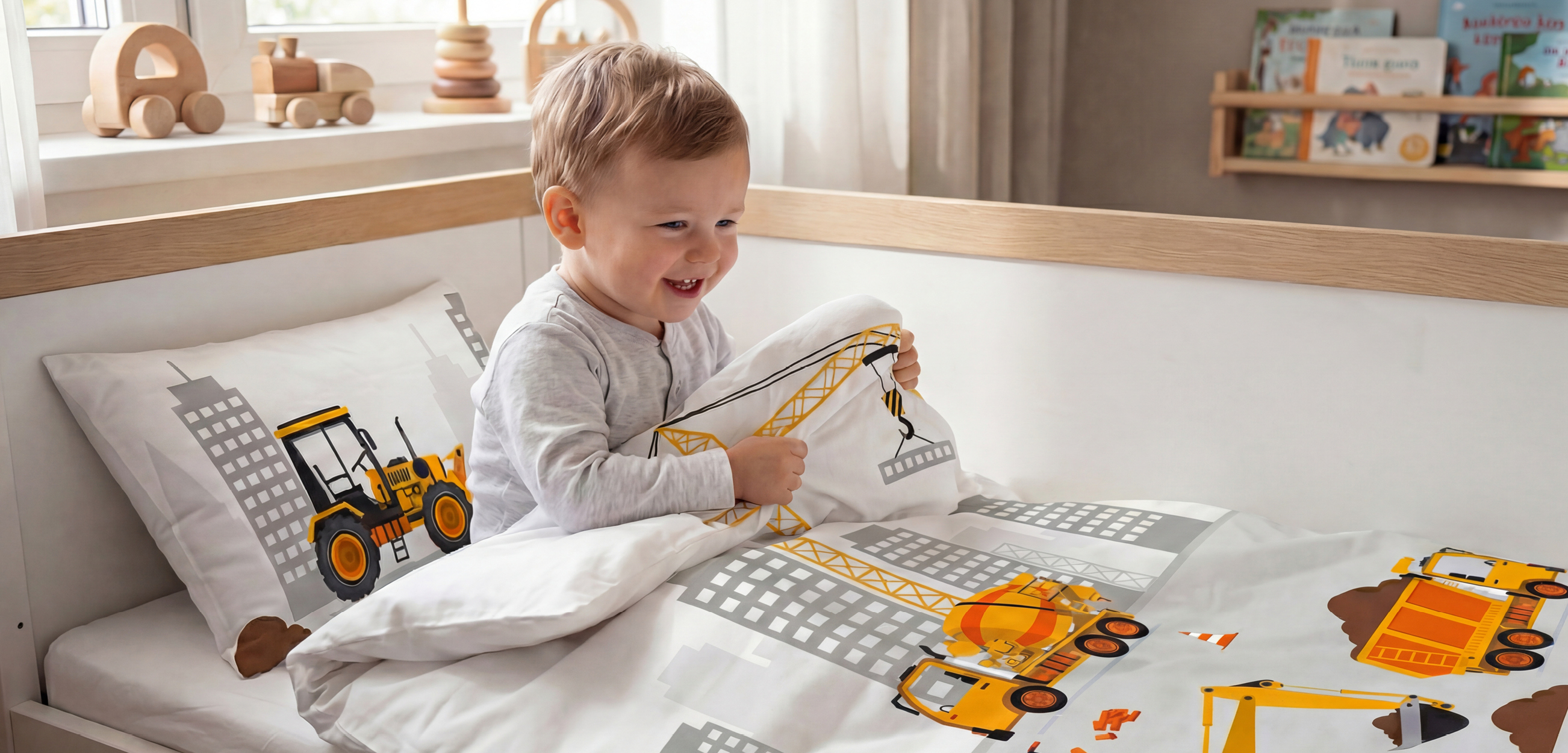 Ein Junge spielt glücklich in einer Babybettwäsche für Jungen