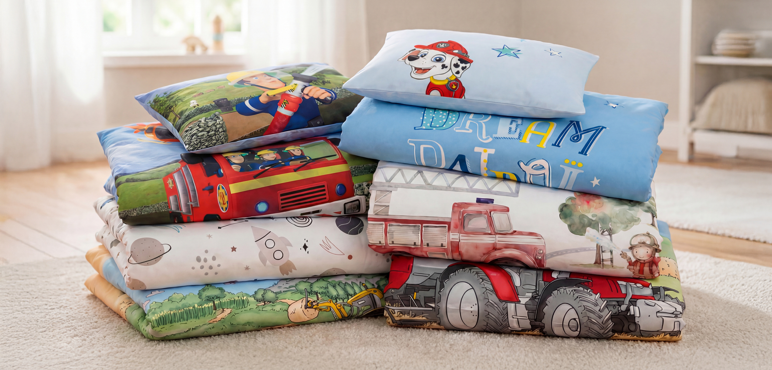 Verschiedene Motive unserer Babybettwäsche für Jungen