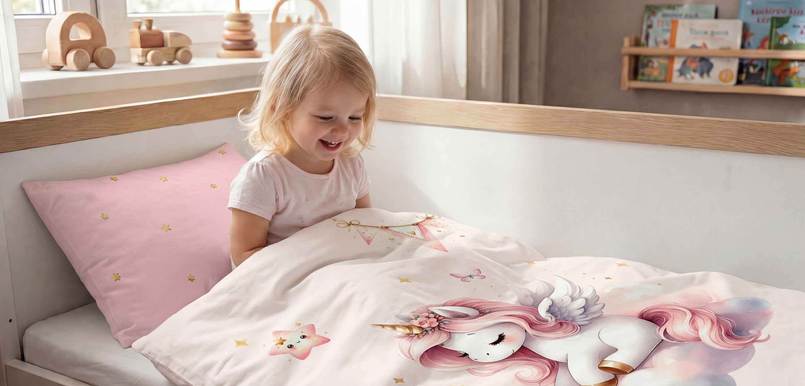 Kleines Mädchen sitzt glücklich in Ihrer Mädchen Babybettwäsche