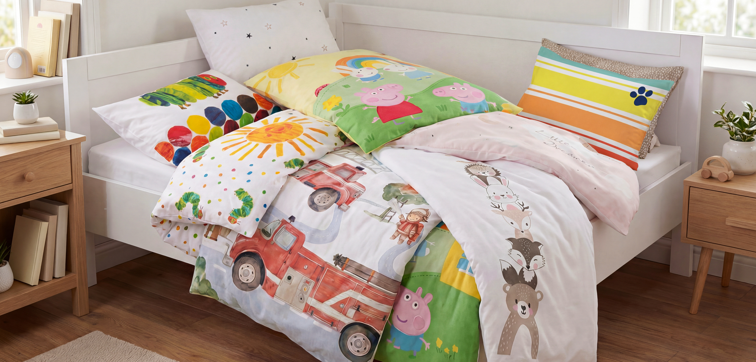 Verschiedene Babybettwäschen mit Motiven für jeden Geschmack.