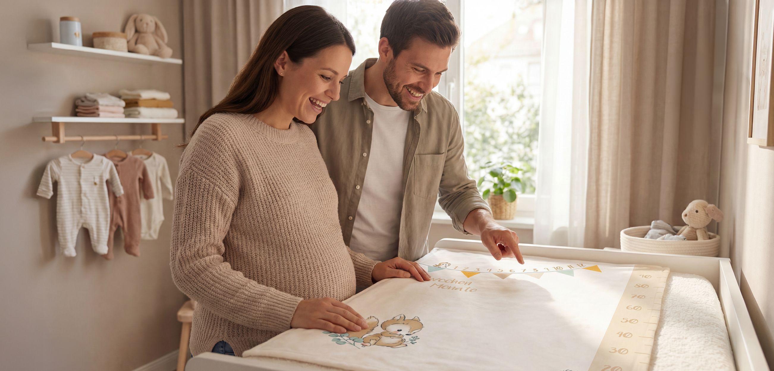 Eine werdende Mutter bewundert die Meilensteindecke. Eine Kuscheldecke die mehr mit bringt als einfach nur eine Decke zu sein.