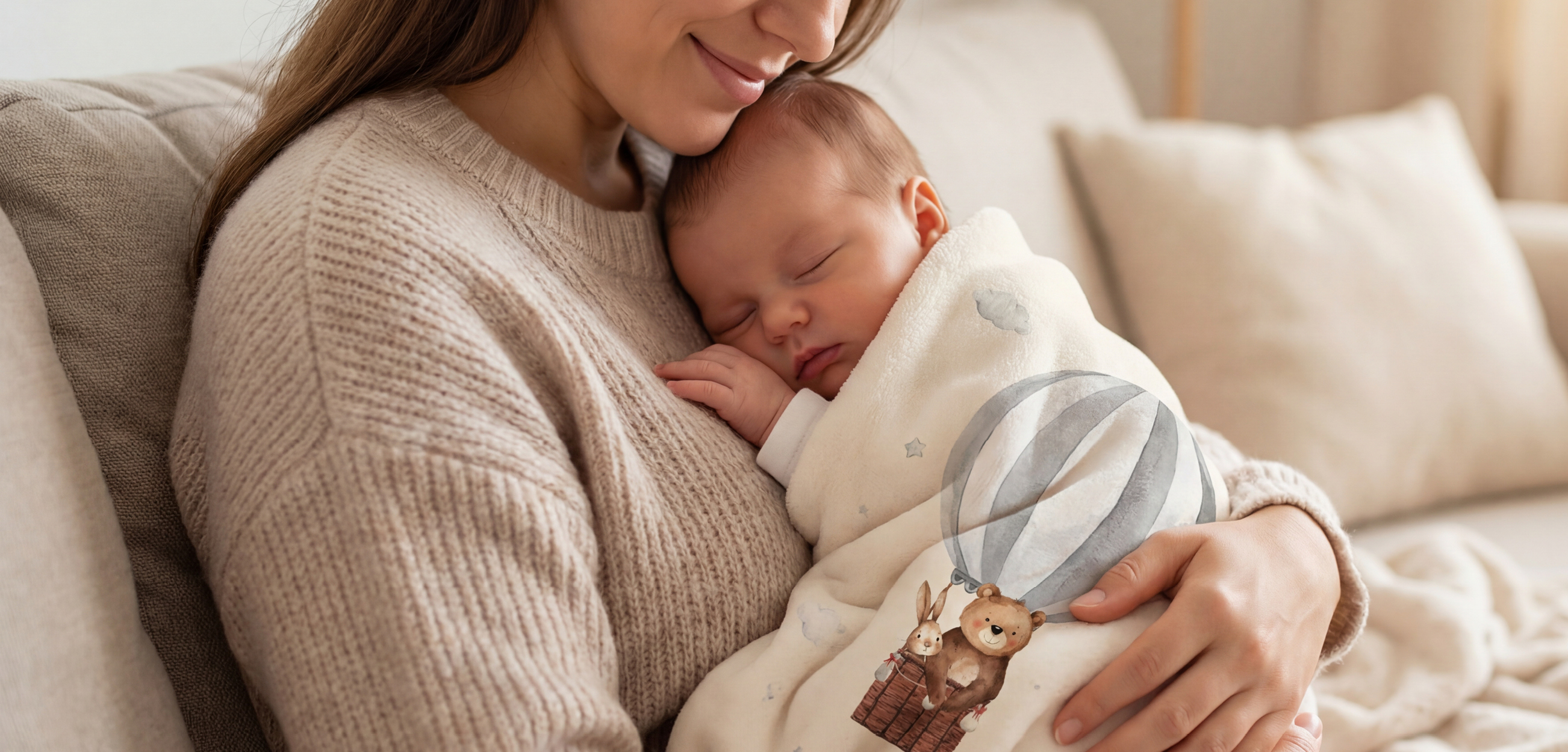 Eine Mutter kuschelt mit Ihrem Kind in einer unseren süßen Kuscheldecken.