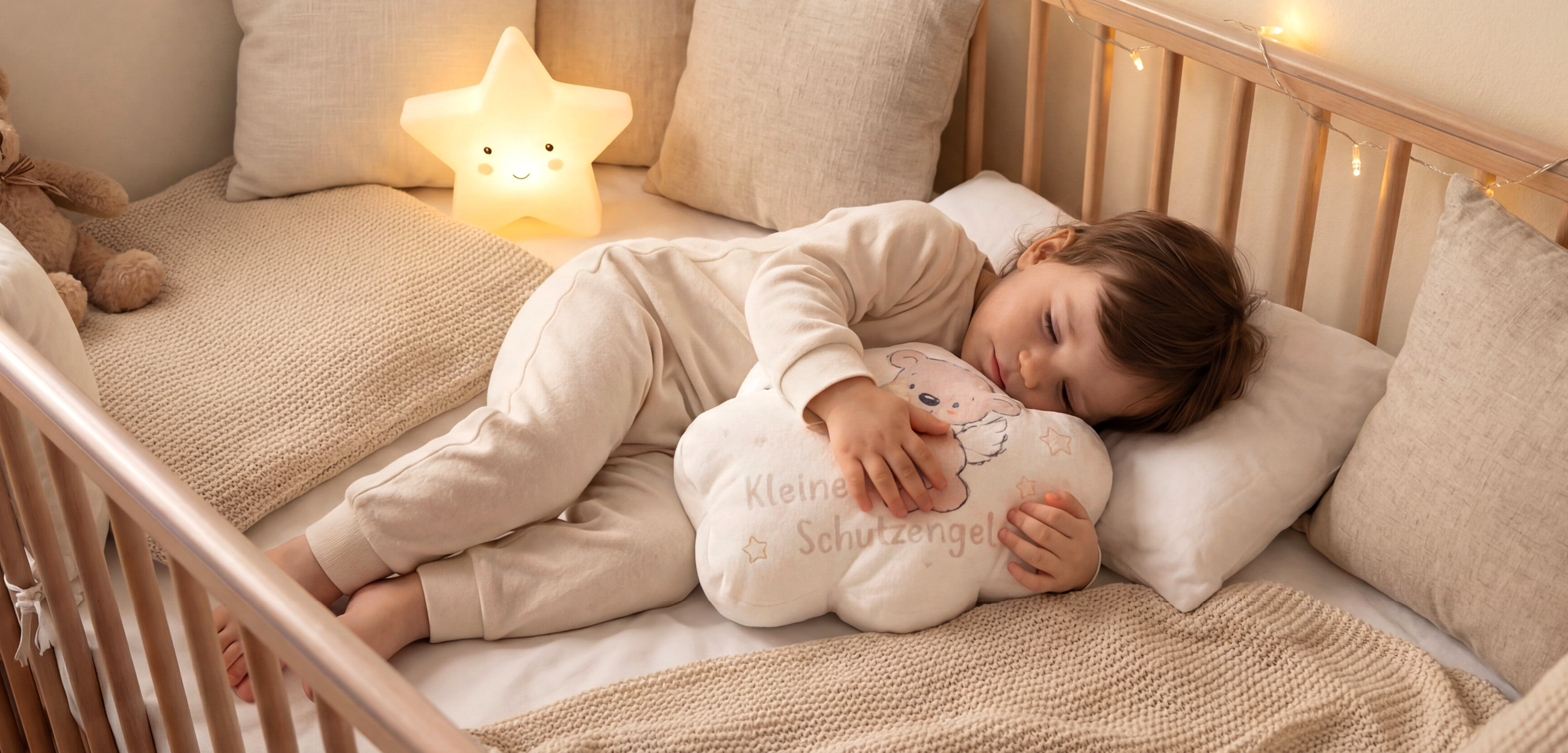 Ein Baby kuschelt im schlaf mit einem unserer Babykissen.