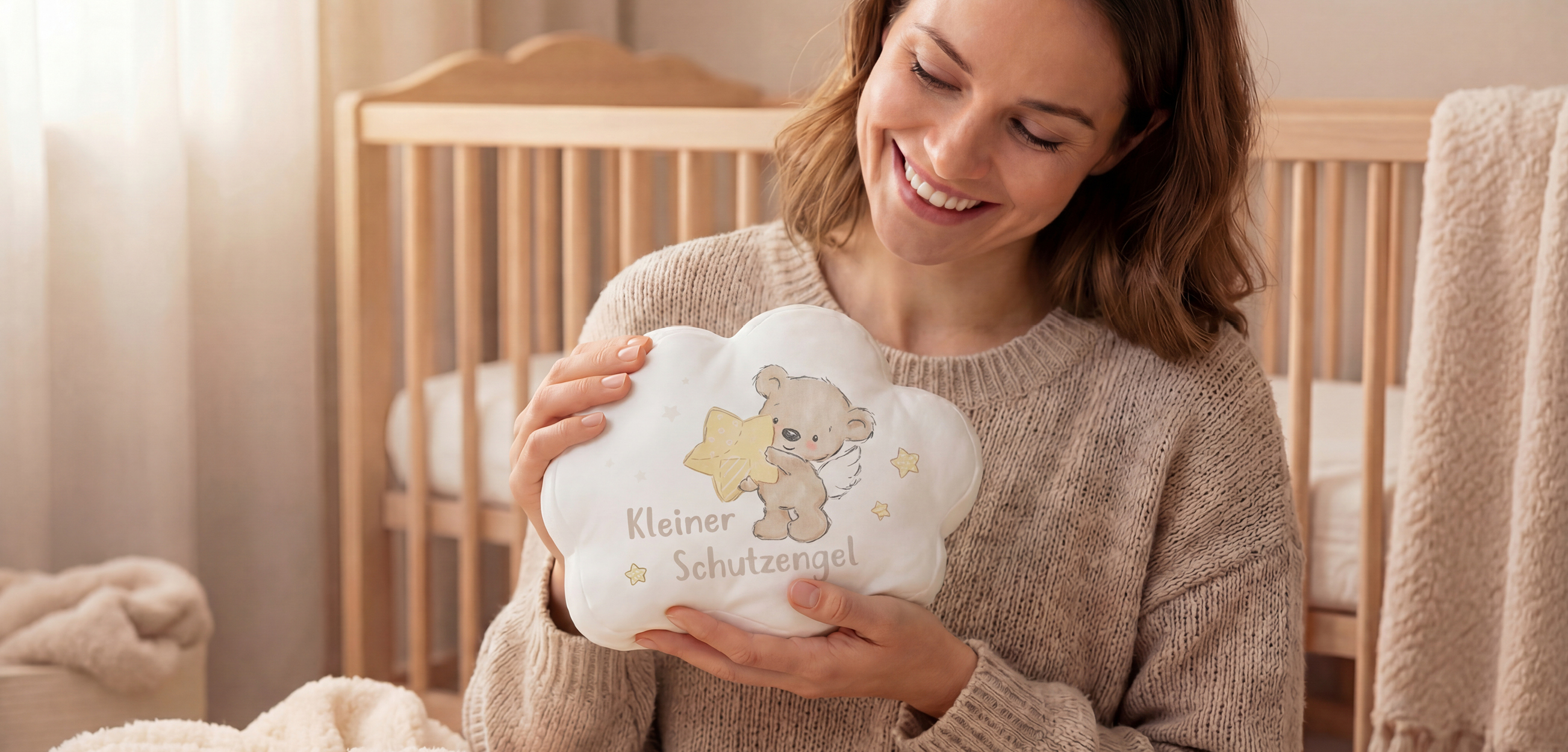 Eine stolze Mutter präsentiert das kleine süße Babykissen.
