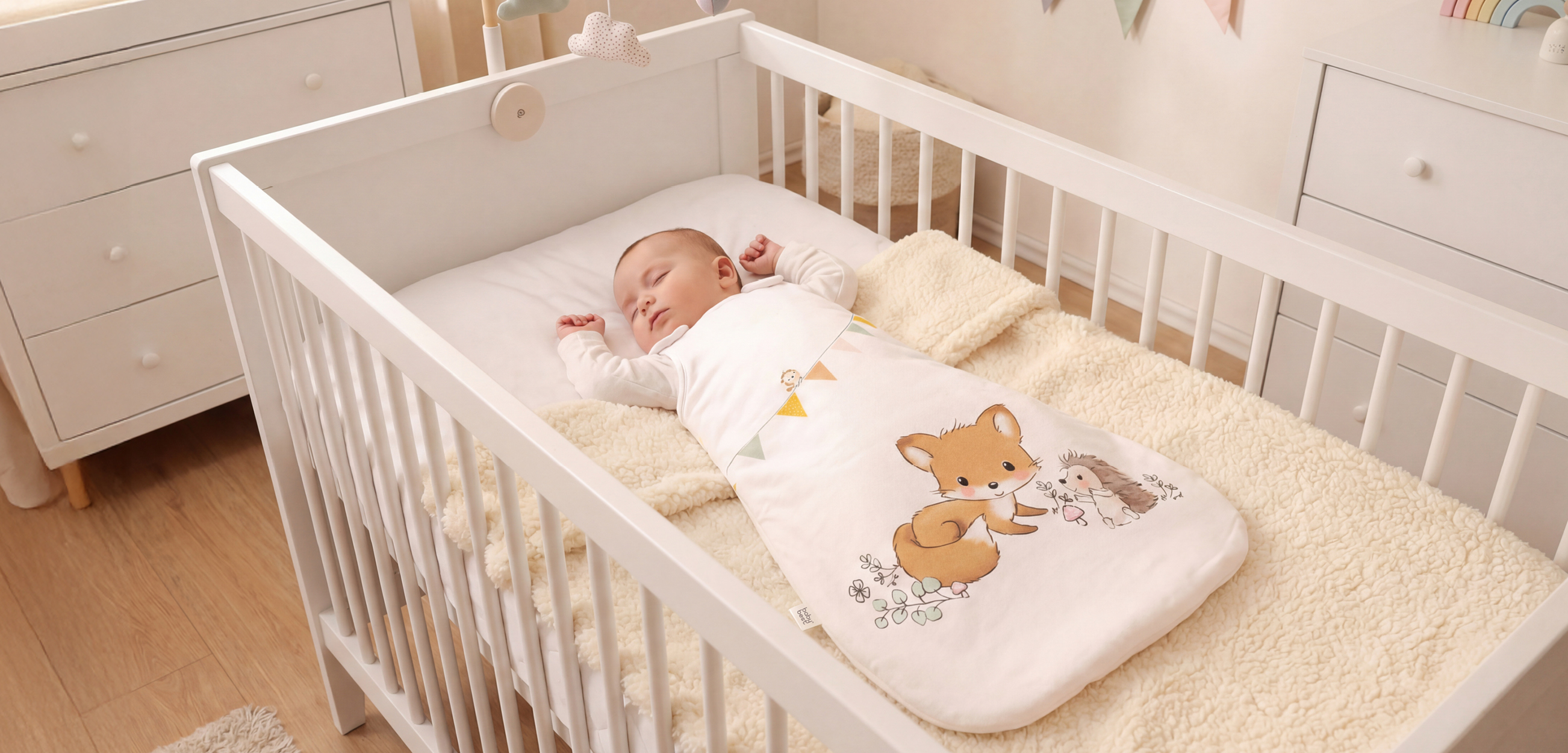 Ein Baby in einem unseren süßen Babyschlafsäcke.