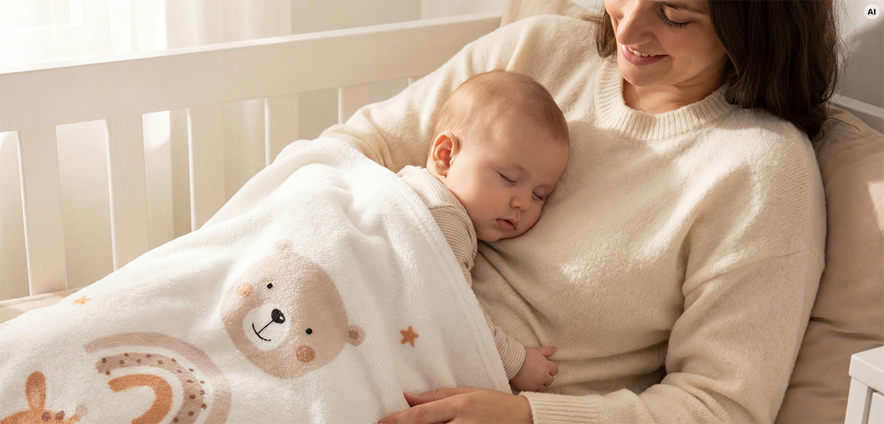 **_Babydecke Größe_**
Schlafendes Baby liegt auf dem Arm seiner Mutter und ist mit einer weißen Schmusedecke mit Bären- und Regenbogenmotiv zugedeckt.