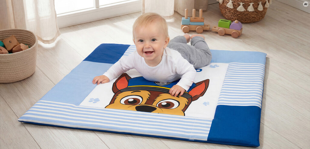 **Babydecke Größe** Lächelndes Baby liegt auf einer blau-weißen Krabbeldecke mit Paw-Patrol-Motiv in einem hellen Kinderzimmer.