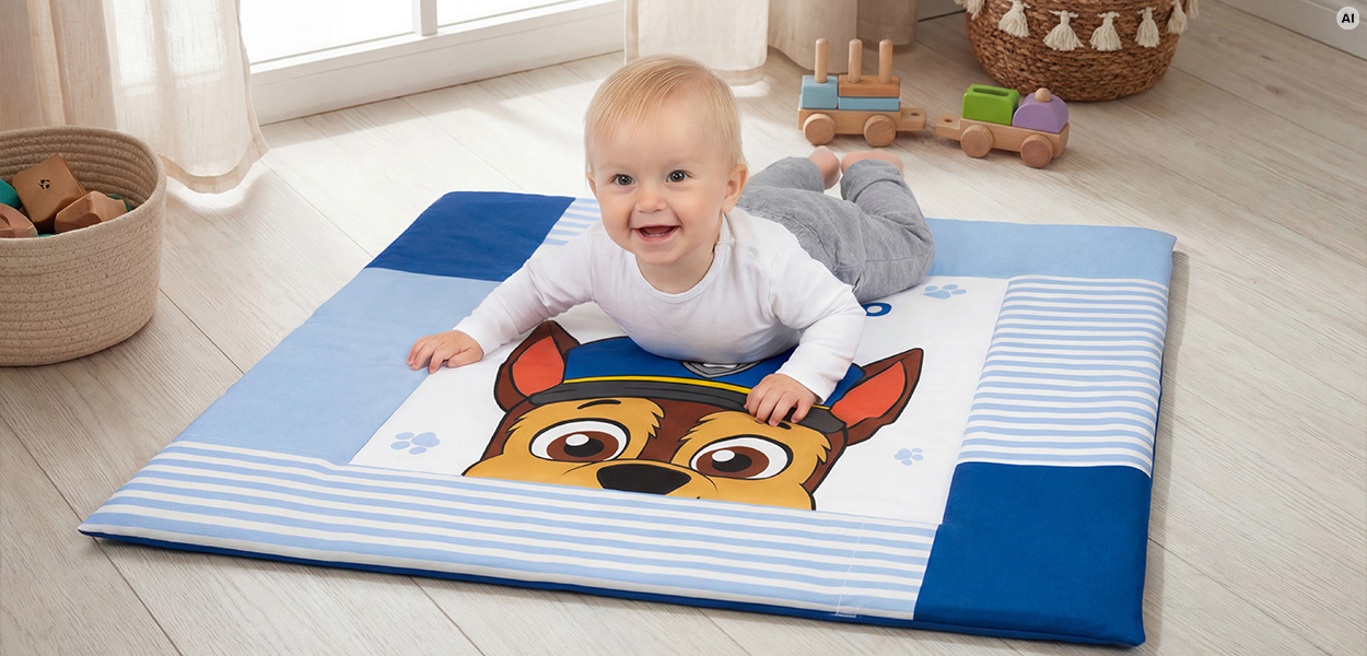 **Babydecke Größe**
Lächelndes Baby liegt auf einer blau-weißen Krabbeldecke mit Paw-Patrol-Motiv in einem hellen Kinderzimmer.