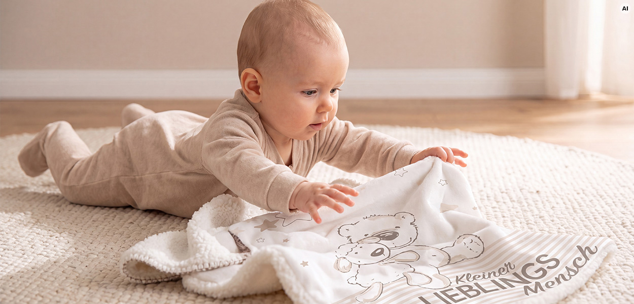**Babydecke Größe**
Baby liegt auf einer weichen Decke und greift nach einer weißen Babydecke mit Teddybär-Motiv.