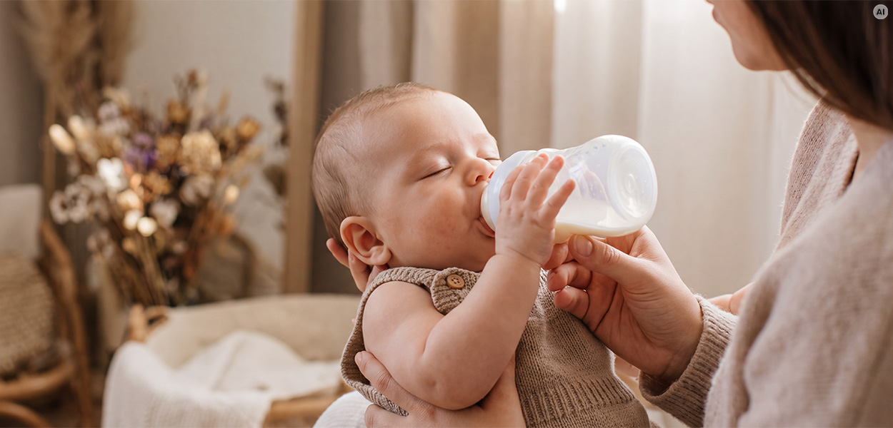 Erstausstattung Baby
Ein Baby wird von einer erwachsenen Person mit einer Milchflasche gefüttert. Es liegt entspannt in ihren Armen in einem warm und gemütlich eingerichteten Raum.