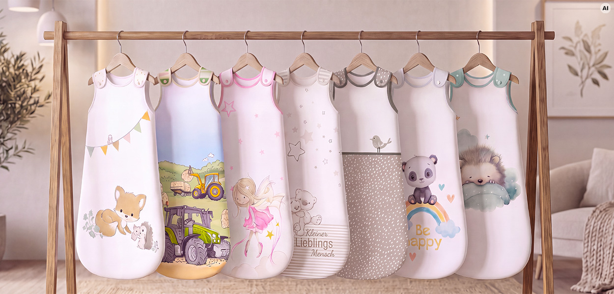 Erstausstattung Baby
Sieben Babyschlafsäcke mit liebevollen Tier- und Fantasiemotiven hängen an einer Holzkleiderstange.