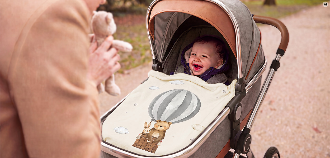Lachendes Baby im Kinderwagen, zugedeckt mit einer cremefarbenen Babydecke mit Heißluftballon-Motiv, während eine Person daneben ein Kuscheltier hält.