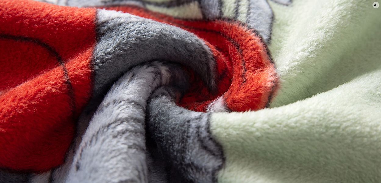 Kuscheldecke waschen
Zu sehen ist eine Nahaufnahme einer sehr weichen, flauschigen Decke bzw. eines Plüschstoffs. Das Material wirkt wie Fleece oder Mikrofaser und ist in kräftigem Rot, Grau und hellem Grün gehalten. Die Decke liegt locker zusammengeschoben bzw. eingerollt, wodurch die dicke, kuschelige Struktur gut sichtbar wird.
