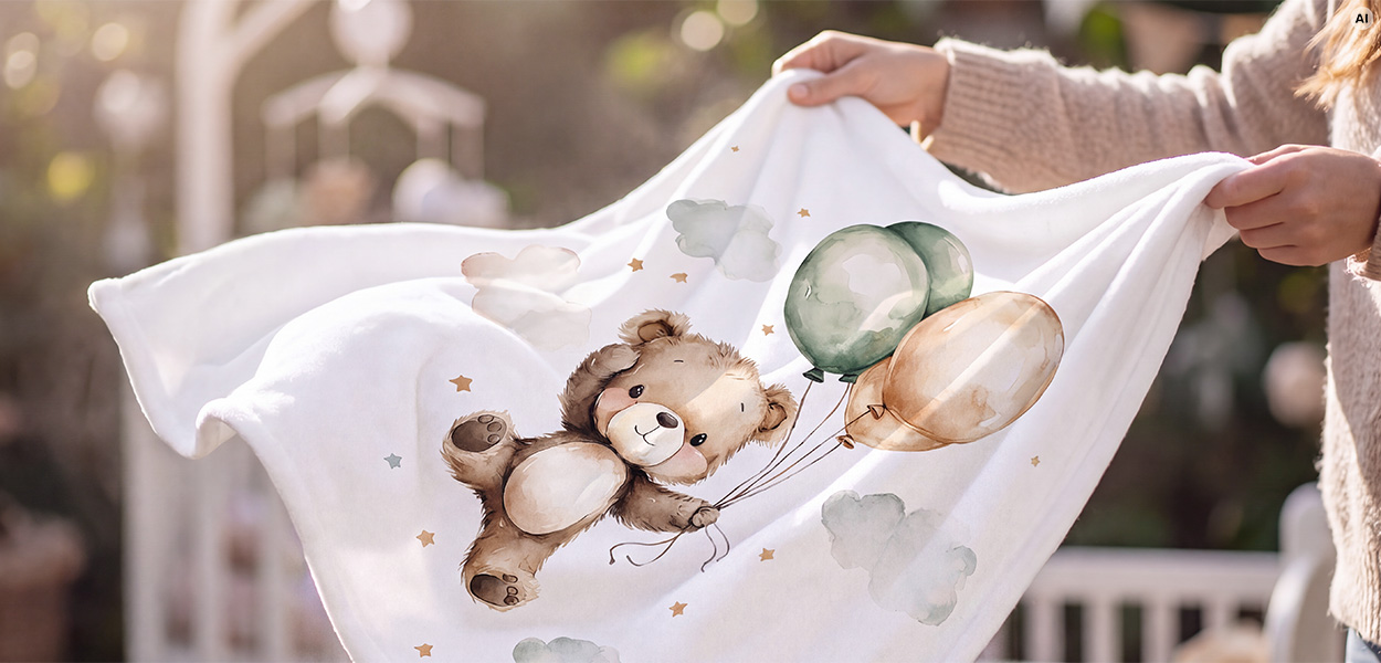 Kuscheldecke waschen
Das Bild zeigt eine Person, die eine weiße Babydecke ausschüttelt. Auf der Decke ist ein kleiner Bär mit bunten Luftballons sowie Sternen und Wolken abgebildet.