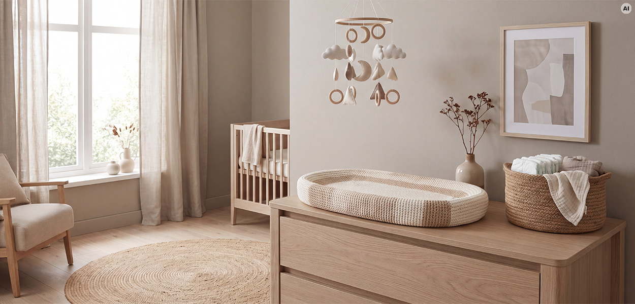 Erstausstattung Baby
Helles, schlicht eingerichtetes Babyzimmer mit Holz-Wickelkommode, geflochtenem Wickelkorb, Babybett und Mobile.