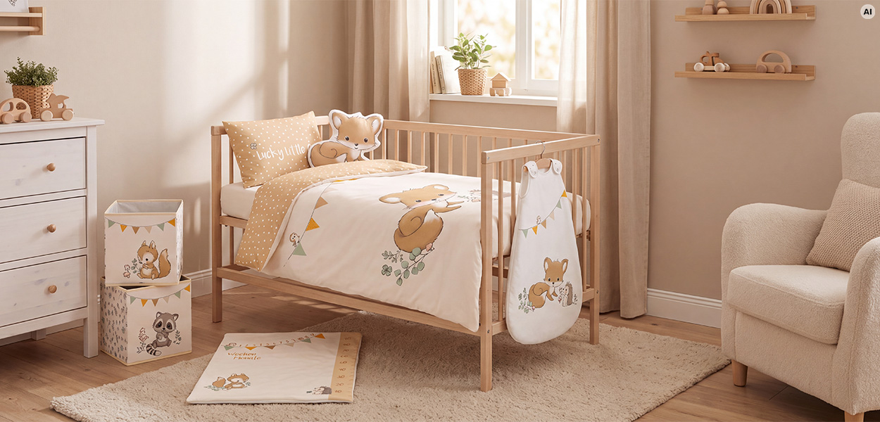 Erstausstattung Baby Helles, gemütlich eingerichtetes Babyzimmer mit Holzbett, niedlichen Waldtier-Motiven, passendem Babyschlafsack, Kommode und Sessel.