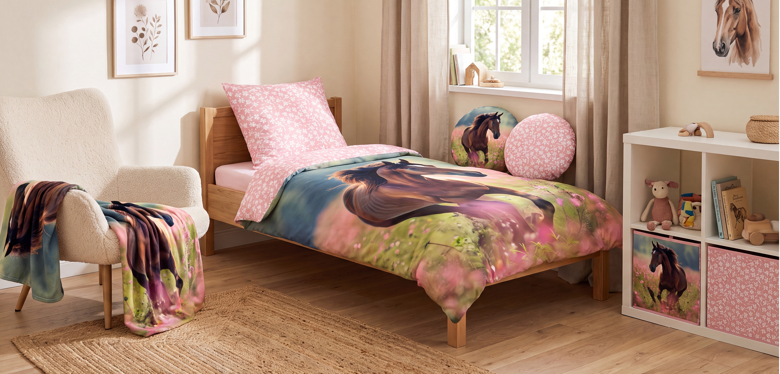 Kinderzimmer mit Pferde-Bettwäsche, passender Decke, Kissen und Aufbewahrungsboxen in Rosa und Naturtönen.