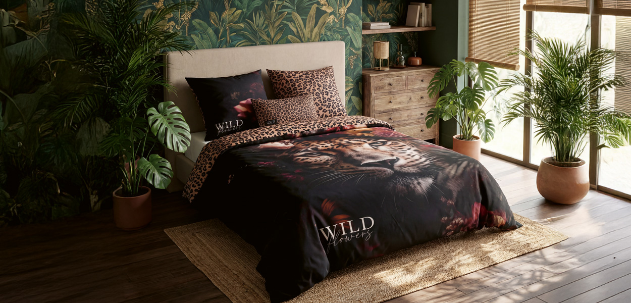 Ganzjahresbettwäsche mit Leopardenmotiv im Urban-Jungle-Stil.