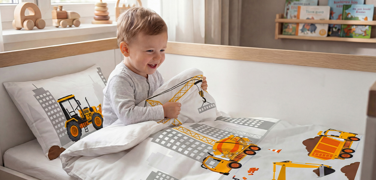 Kinderbettwäsche mit liebevollem Baustellen-Motiv: Ein fröhliches Kind sitzt im Bett mit Bagger, Kran, Betonmischer und Kipplaster auf der Bettwäsche. Die hellen Grau-, Weiß- und Gelbtöne passen zu einem modernen Kinderzimmer.