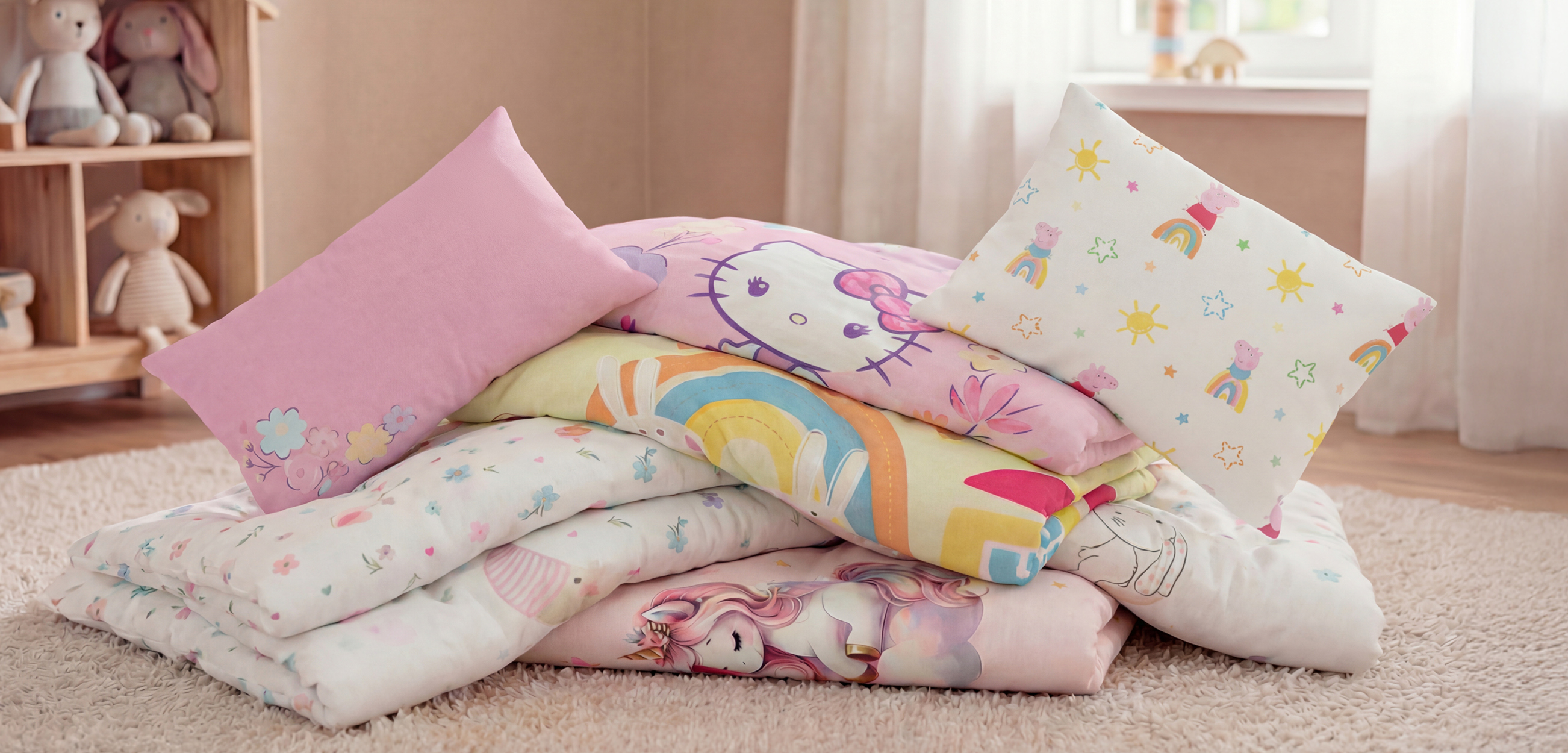 Bunte Kinderbettwäsche in verschiedenen liebevollen Designs – von Hello Kitty und Peppa Pig über Regenbogen- und Blumenmotive bis hin zu einem Einhorn. Die weich wirkenden Pastellfarben schaffen eine freundliche, gemütliche Atmosphäre im Kinderzimmer.
