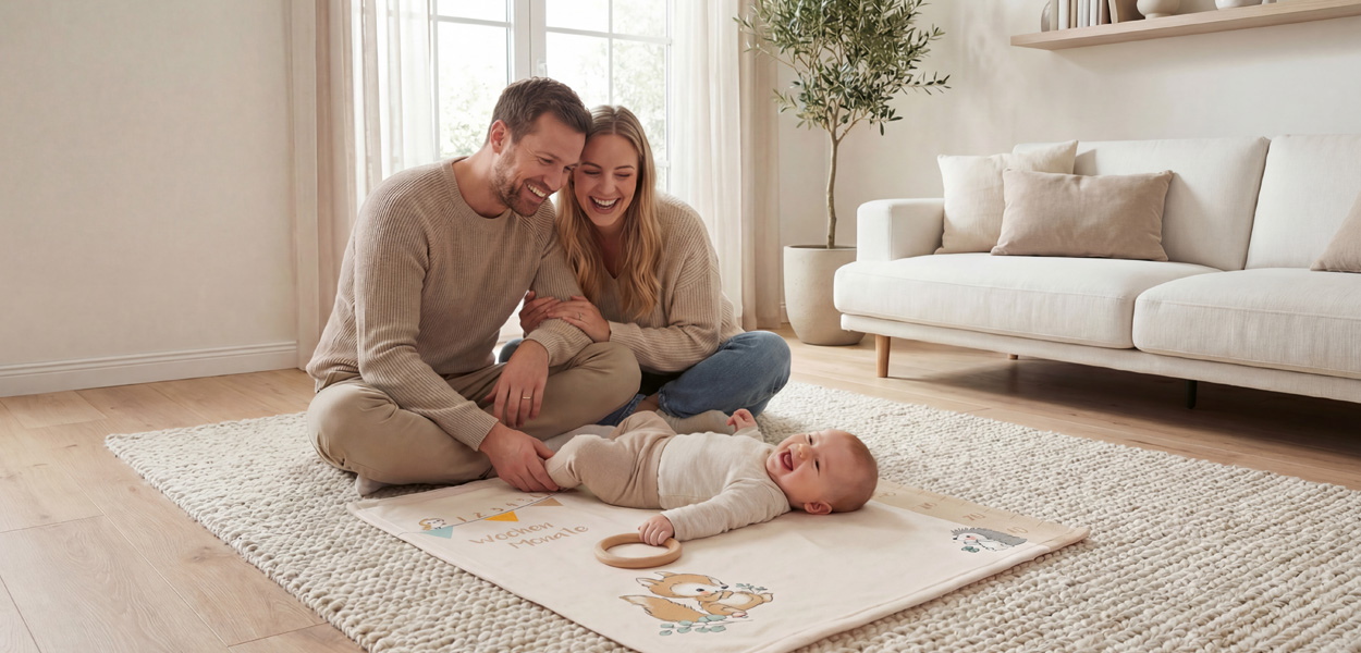 Das Bild zeigt eine gemütliche Familienszene in einem hell eingerichteten Wohnzimmer: Ein Elternpaar sitzt lächelnd auf einem großen, hellen Teppich neben seinem Baby. Das Baby liegt auf einer bedruckten Krabbeldecke mit freundlichen Tiermotiven und einem Holzring zum Spielen. Die warme, natürliche Farbwelt und die helle Wohnumgebung vermitteln Geborgenheit, Komfort und Familiennähe. Die Krabbeldecke steht dabei klar im Mittelpunkt und wirkt als weiche, praktische Heimtextilie für Babys.