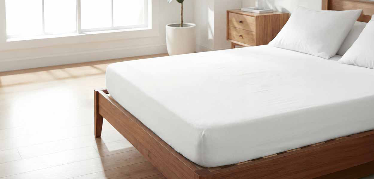 Das Bild zeigt ein schlichtes, weißes Spannbettlaken auf einer Matratze in einem hellen, modern eingerichteten Schlafzimmer. Durch den straffen Sitz wirkt das Bett glatt, ordentlich und einladend.