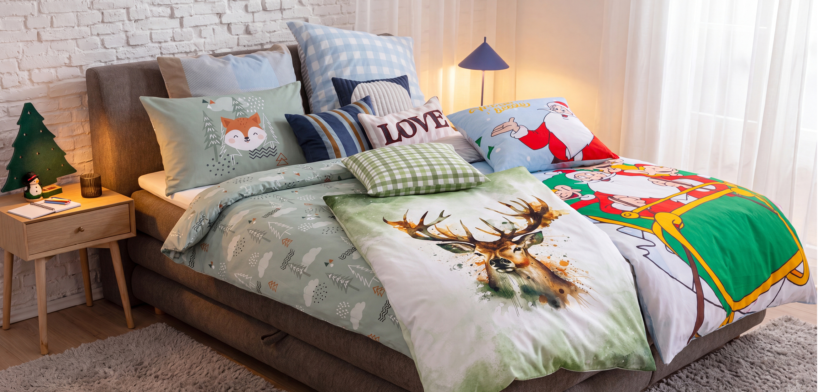 Warme Bettwäsche für den Winter: Entdecke gemütliche Designs mit Winterwald, Hirsch und Weihnachtsmann.