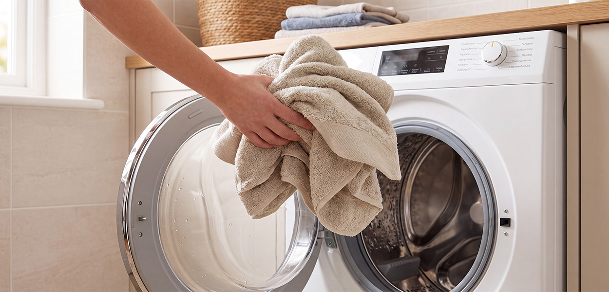 Das Bild zeigt, wie beige Gästehandtücher in eine geöffnete Waschmaschine gelegt werden. Im Hintergrund sind weitere gefaltete Handtücher und ein Wäschekorb zu sehen.