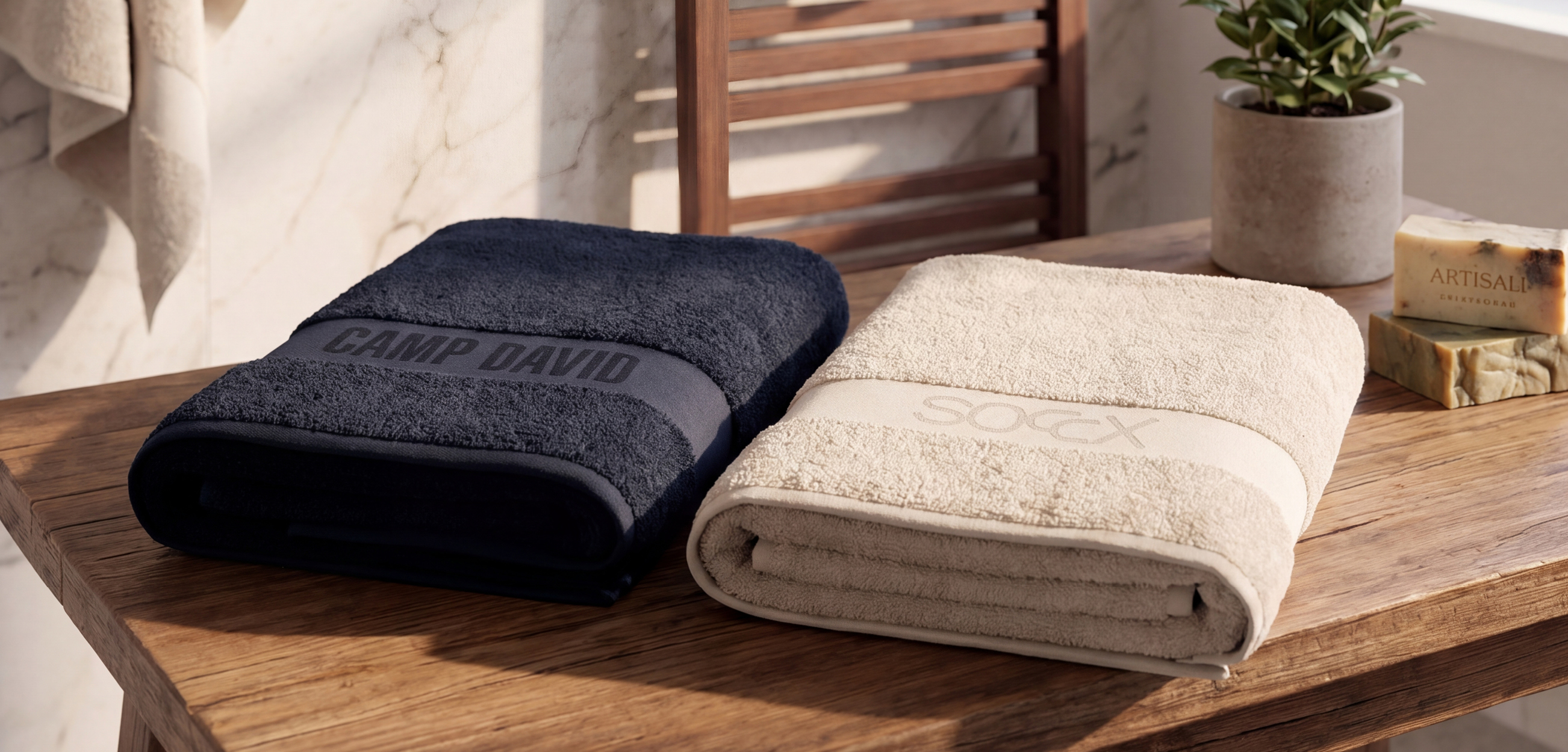 Handtuch-Set mit dunkelblauem CAMP-DAVID-Handtuch und cremefarbenem SOCCX-Handtuch auf einer Holzbank im Badezimmer.