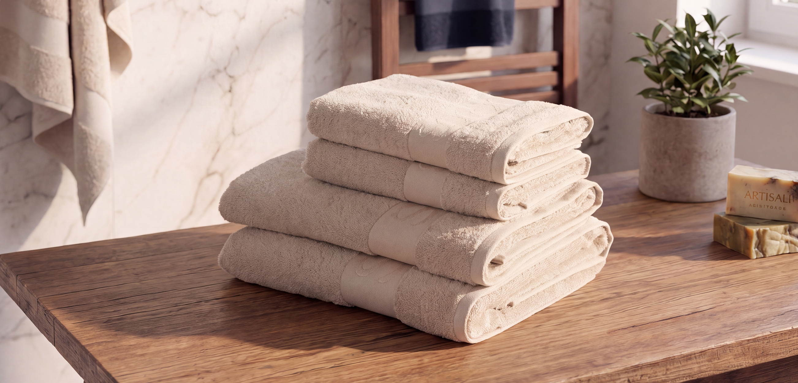 Ein hochwertig wirkendes Handtuch-Set in warmem Beige: Mehrere flauschige, sauber gefaltete Handtücher liegen dekorativ auf einem Holztisch im hellen Badezimmer. Seifenstücke, eine Zimmerpflanze und natürliche Lichtstimmung unterstreichen den wohnlichen, spa-ähnlichen Eindruck.