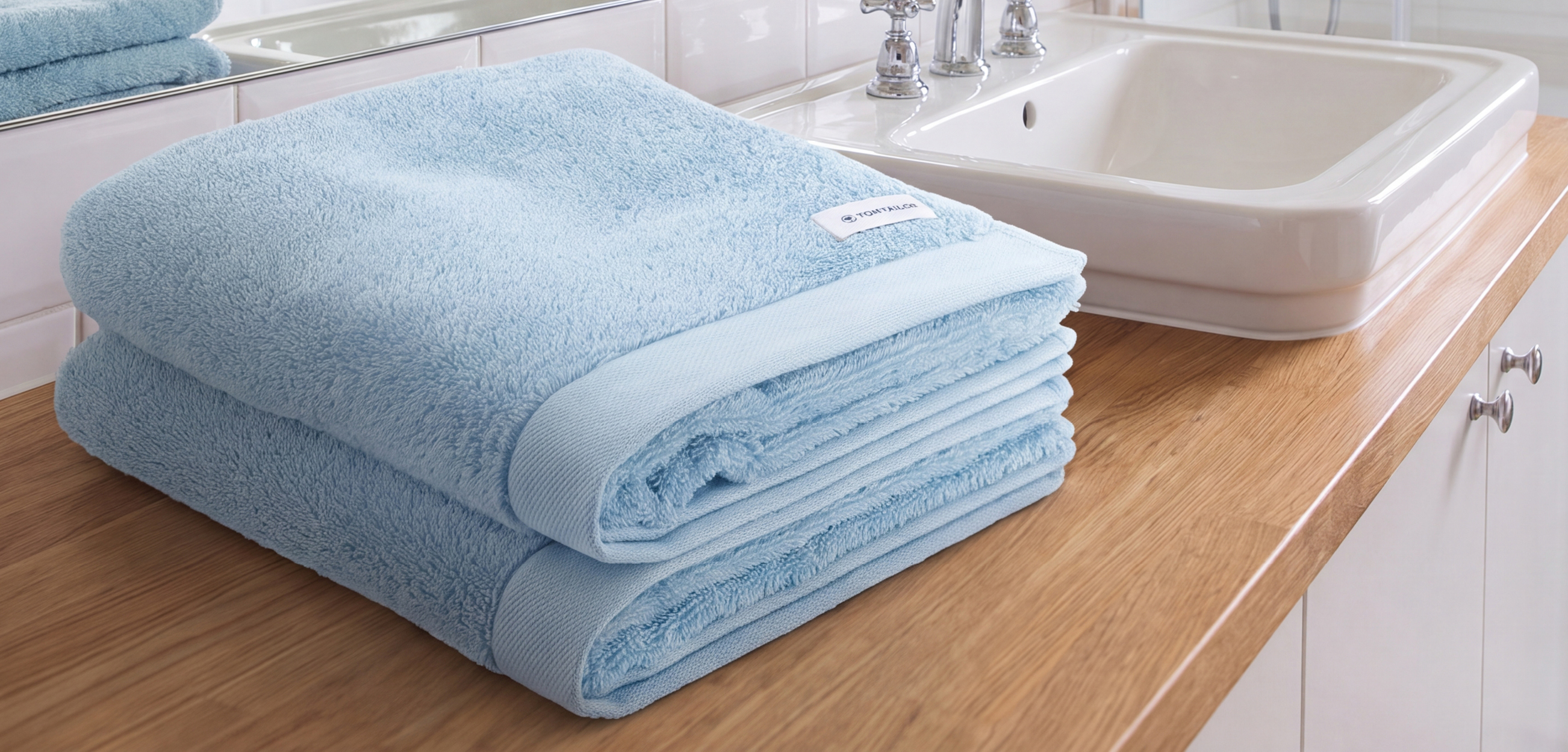 Hellblaues Handtuch-Set von Tommy Hilfiger auf einem Holzwaschtisch im Badezimmer.