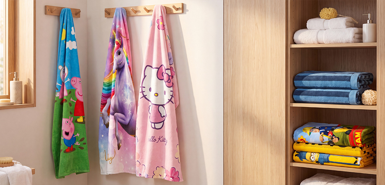 Das Bild zeigt verschiedene **Badehandtücher für Kinder** mit bunten Motiven, darunter Peppa Pig, ein Einhorn und Hello Kitty. Sie hängen griffbereit an einer Garderobe; weitere gefaltete Handtücher liegen im Regal.
