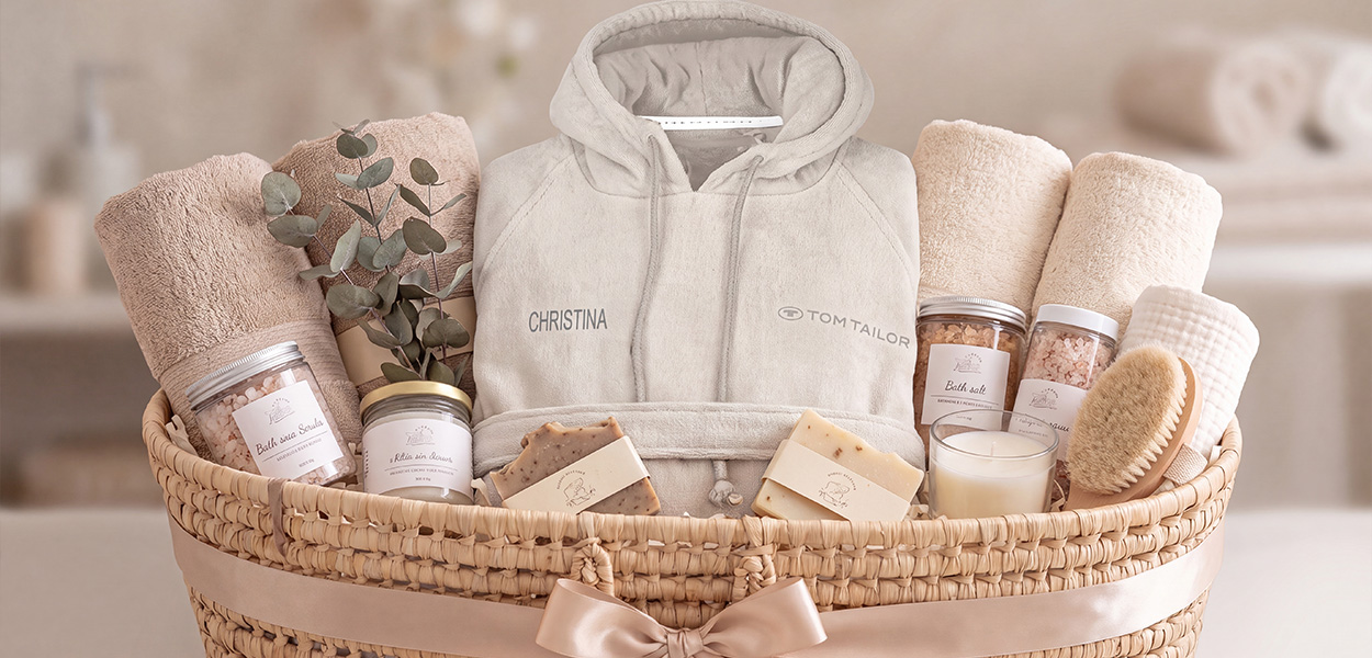 Ein hochwertiger Wellness-Geschenkkorb mit einem personalisierten, hellgrauen Kapuzen-Bademantel. Auf der Brust steht „CHRISTINA“, daneben ist ein Tom-Tailor-Logo eingestickt. Ergänzt wird das Geschenkset durch Handtücher, Badesalz, Seifen, eine Duftkerze, eine Bürste und dekorative Zweige.