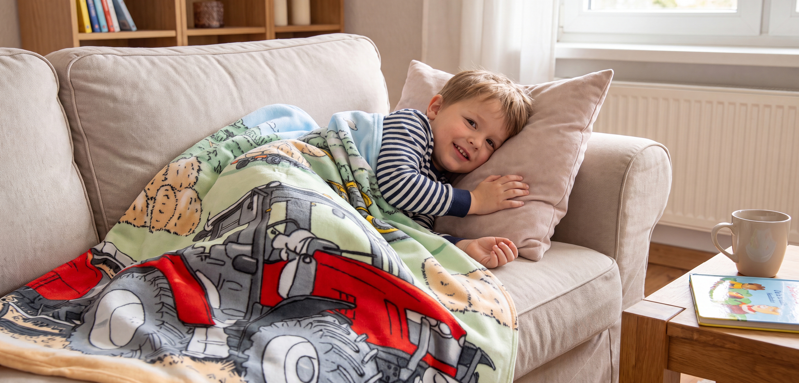 Fleecedecke personalisiert: Ein Kind kuschelt auf dem Sofa unter einer weichen Fleecedecke mit Traktor-Motiv. Die Decke wirkt gemütlich und eignet sich gut als personalisierbares Geschenk für kleine Fahrzeugfans.