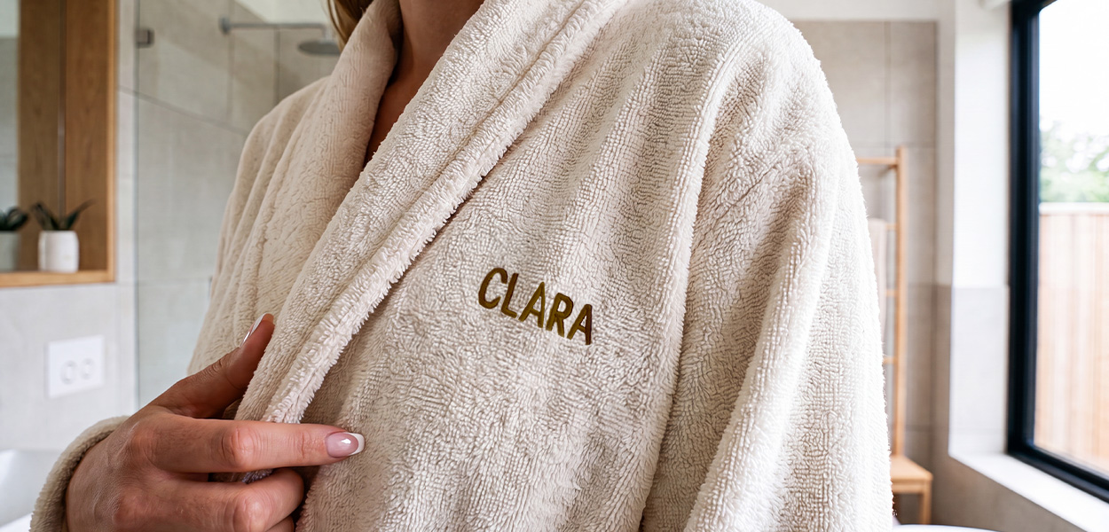Weißer, flauschiger Bademantel mit hochwertiger Stickerei „CLARA“ in Goldbraun auf der Brust.