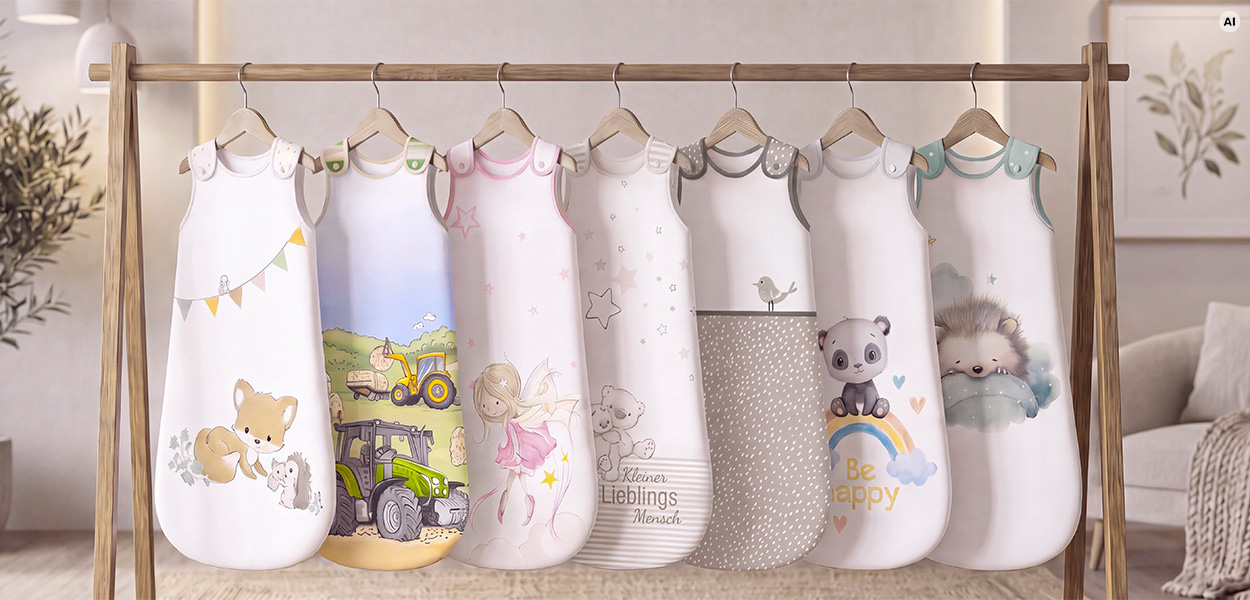 Babyschlafsack 2,5 TOG: Sieben Babyschlafsäcke mit verschiedenen Motiven hängen an einer Kleiderstange in einem hellen Kinderzimmer.