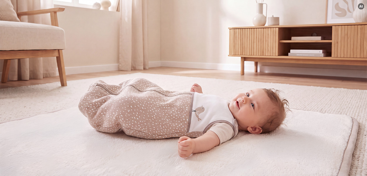 Babyschlafsack Größen: Baby liegt auf einer weichen Spielmatte im Wohnzimmer und trägt einen sichtbar zu kleinen, gepunkteten Babyschlafsack.