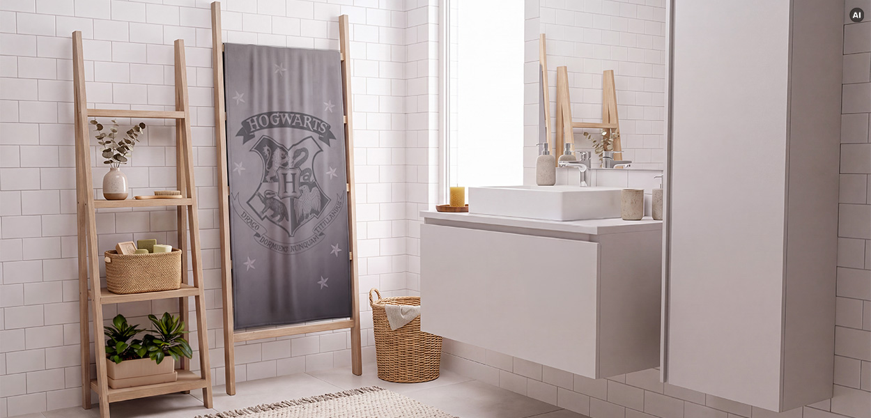 Harry Potter Handtücher: Graues Harry-Potter-Handtuch mit Hogwarts-Wappen an einer Holzleiter in einem hellen, modernen Badezimmer.