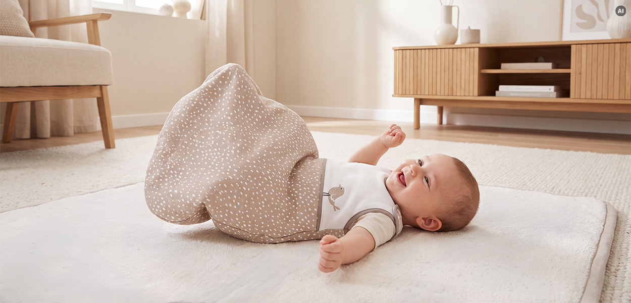 Babyschlafsack Größen: Fröhliches Baby strampelt auf einer weichen Spielmatte im Wohnzimmer und trägt einen beigen Schlafsack mit weißen Punkten.