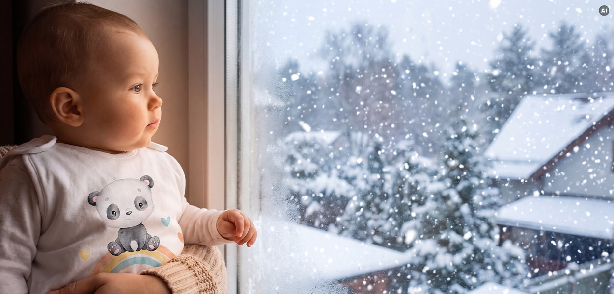 TOG-Wert beim Babyschlafsack: Baby im Panda-Body schaut durch ein Fenster auf eine verschneite Winterlandschaft.