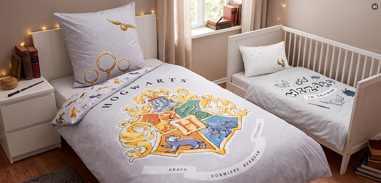 Harry Potter Bettwäsche: Im größeren Bett ist das Hogwarts-Wappen mit den vier Häusern Gryffindor, Slytherin, Ravenclaw und Hufflepuff zu sehen. Dazu stehen die Schriftzüge „HOGWARTS“ und „DRACO DORMIENS NUNQUAM TITILLANDUS“ auf der Decke.
Das Kissen zeigt die drei Quidditch-Ringe und einen goldenen Schnatz.
Im kleineren Kinderbett befindet sich ebenfalls Harry-Potter-Bettwäsche, mit Motiven wie „WIZARD IN TRAINING“, Zauberstab, Brille und weiteren magischen Symbolen.
Die Szene ist warm beleuchtet, mit Büchern, einem Zauberstab als Deko und einer Lichterkette im Hintergrund.