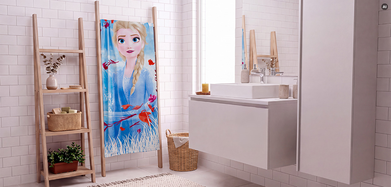 Disney Handtücher : Disney-Handtuch mit Elsa aus Die Eiskönigin in Blau mit roten Blättern, dekorativ auf einem Holzleiter-Regal im hellen Badezimmer aufgehängt.