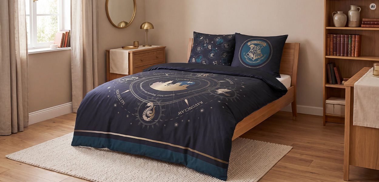 Harry Potter Bettwäsche:  Das Bild zeigt ein gemütlich eingerichtetes Schlafzimmer mit einem Holzbett. Darauf liegt dunkelblaue Harry-Potter-Bettwäsche mit Hogwarts-Wappen, magischen Symbolen und Motiven der Häuser – unter anderem Ravenclaw und Slytherin.