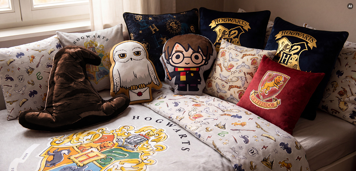 Harry Potter Kissen:
Harry-Potter-Bettwäsche mit Hogwarts-Motiv und dekorativen Kissen von Hedwig, Harry Potter, dem Sprechenden Hut sowie den Häusern Gryffindor und Hogwarts.
