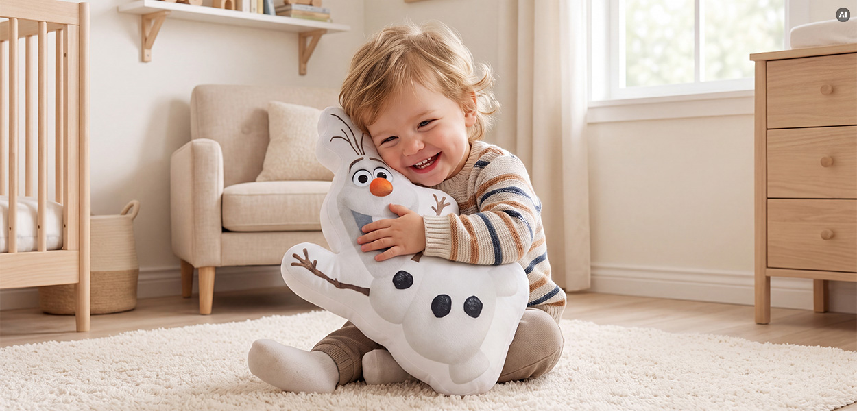 Disney Heimtextilien :Kleinkind kuschelt im hellen Kinderzimmer mit einem großen Olaf-Kissen aus Disneys Die Eiskönigin.