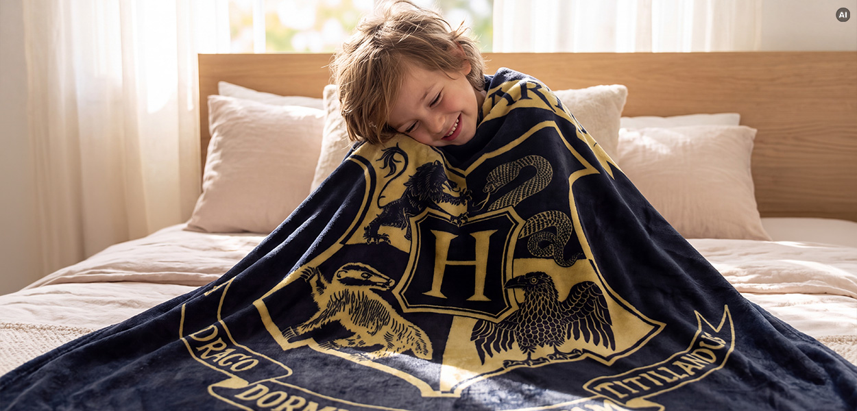 Harry Potter Heimtextilien: Kind kuschelt auf einem Bett mit einer dunkelblauen Harry-Potter-Decke mit großem Hogwarts-Wappen und den Symbolen der vier Häuser.